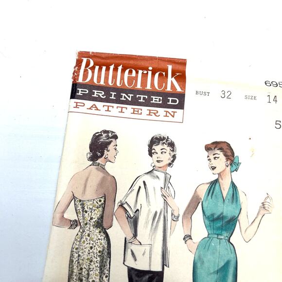 Butterick Vintage 1950's Pattern #6954 Women's Halter Dress And Box Jacket Sz 14 - Picture 2 of 6